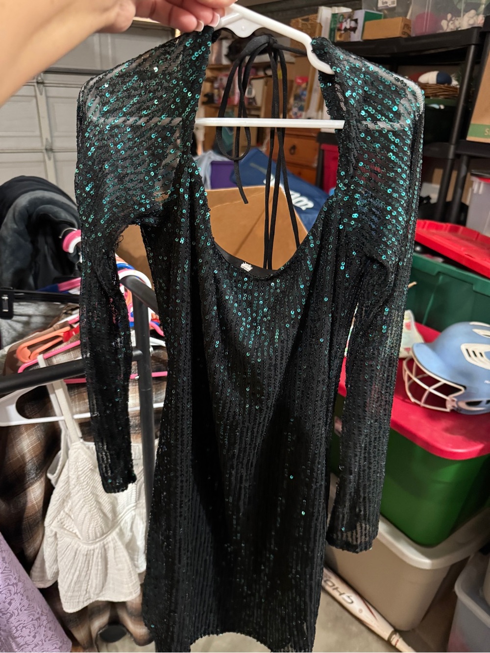 Dark green and Black Sequin Long-Sleeve Halter-Back Party Dress Perfect for HOCO